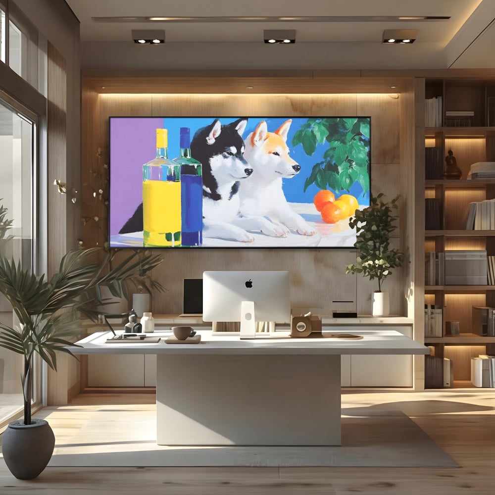 Tablou canvas cu pictura cu doi catei si sticle, in rama de aluminiu negru, pe perete intr-un birou